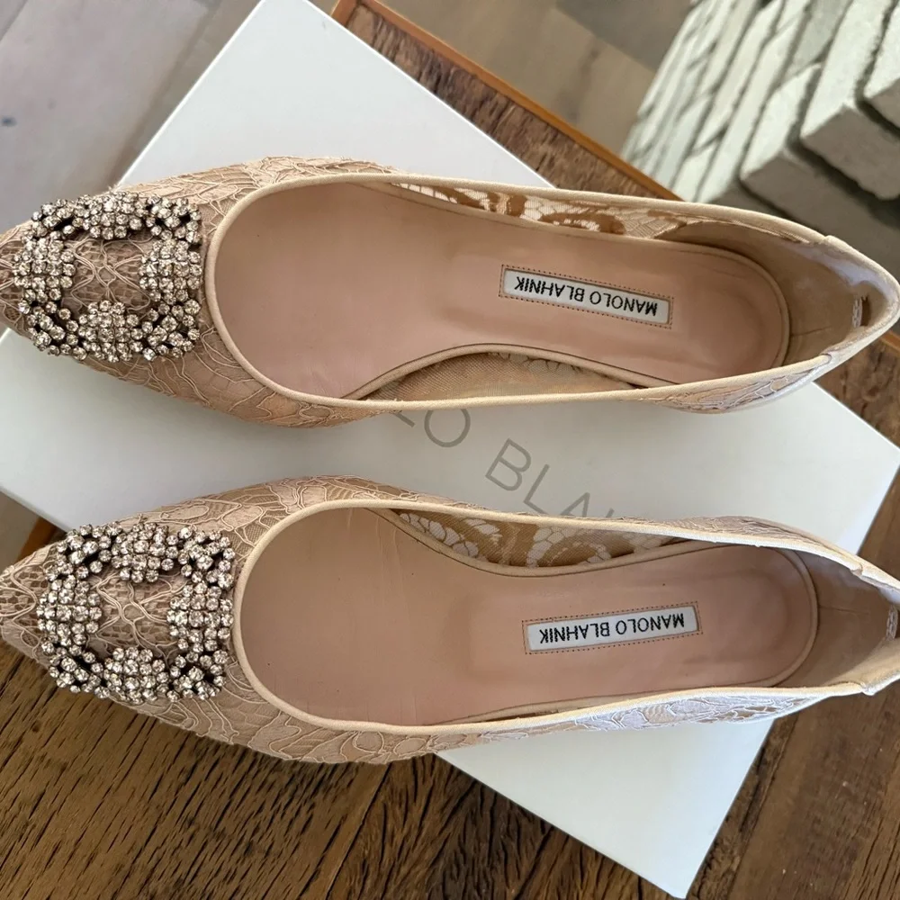 Manolo Blahnik Lace Hangisi Flats in Nude - Picture 1 of 9